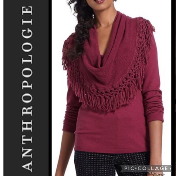 Anthropologie Angel of the north tassel Cowl neck sweater burgundy size small - Picture 11 of 11